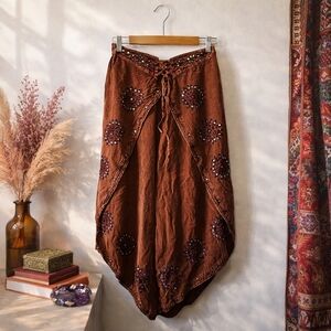 Embroidered Boho Harem Pants Size M/L Brown Beaded Festival Comfy Travel